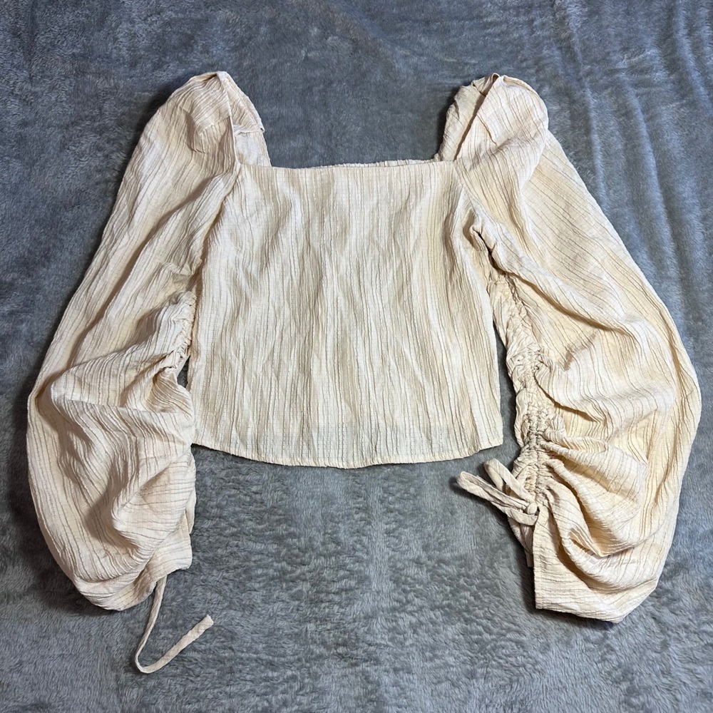 Line and Dot Puff Sleeve Top Cream Beige Square Neck Ruched XS
